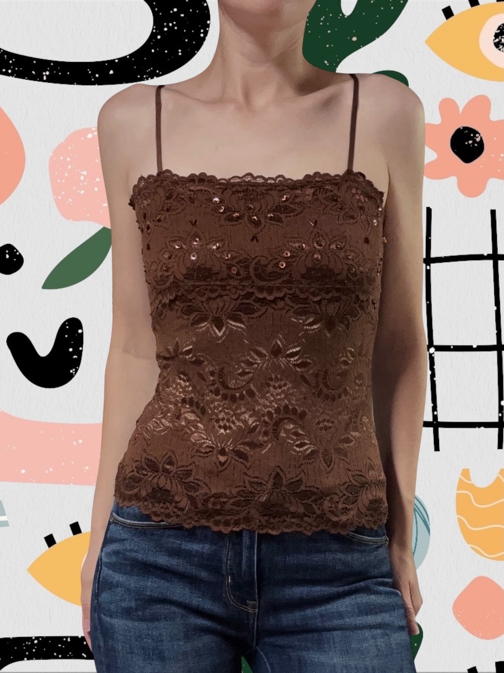 No Boundaries | Vintage Y2K Brown Lace Beaded Spaghetti Strap Cami Tank Top
